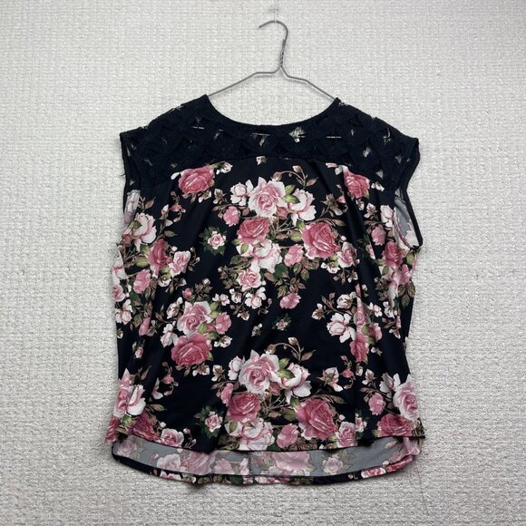 Faith and Joy Los Angeles Women's 3X Floral Roses AOP Lace Yoke Knit Top Blouse - Picture 1 of 11